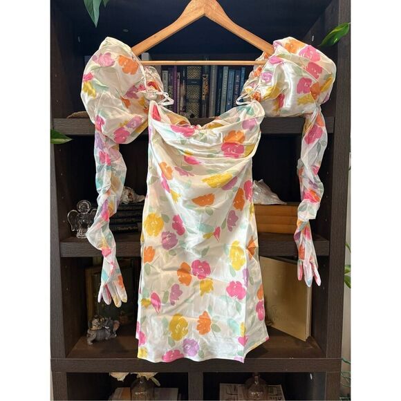 NWT For Love & Lemons Hazel White Floral Mini Dress With Gloves Size Small - Picture 4 of 10